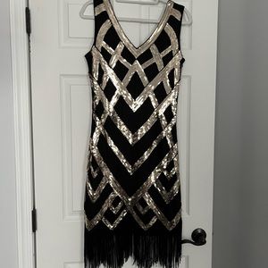 Sequin Flapper Dress with Fringe, Black & Gold